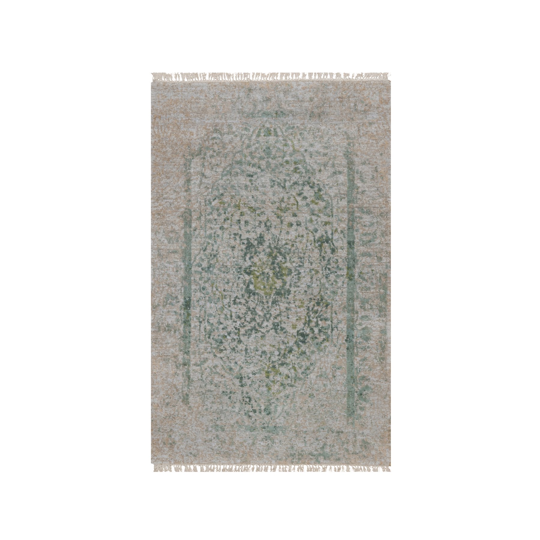 3'x4'10" Silver with Green, Hand Knotted, Broken and Erased Persian Design, Wool and Pure Silk, Oriental Rug 